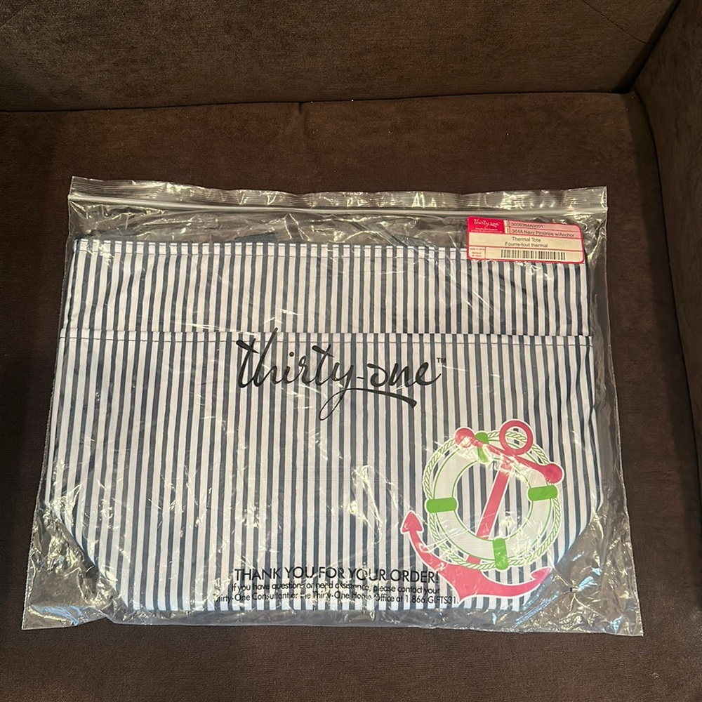 31 thermal tote lunch bag navy pinstripe with anchor print NIP retired lunchbox